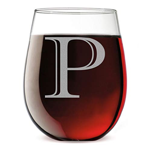 Spotted Dog Company Monogram Etched 17oz Stemless Wine Glass (Letter P)