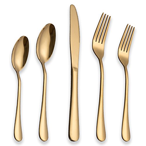 Berglander Flatware Set 20 Piece, Stainless Steel With Titanium Gold Plated, Golden Color Flatware Set, Silverware, Cutlery
