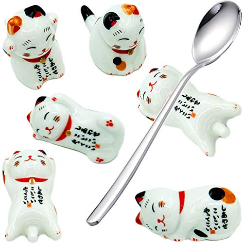 Poneriner 6 Pieces Funny Lucky Cat Ceramic + Stainless Steel Spoon Chopstick Rest Knife Holder Set for Home, Kitchen or Restaurant