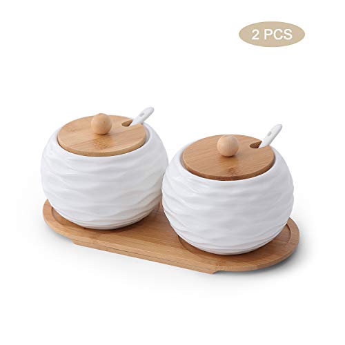 TAMAYKIM 20 OZ Large Size Porcelain Condiment Pots Sugar Jar Bowls with  Spoon and Bamboo Lid, Ceramic Seasoning Boxes for Home and