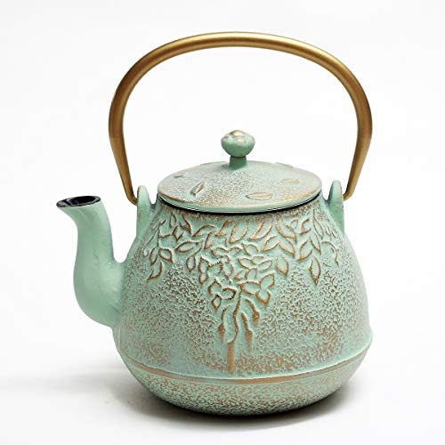 Toptier Tea Kettle, TOPTIER Japanese Cast Iron Teapot with Stainless Steel Infuser, Cast Iron Tea Kettle Stovetop Safe, Leaf Design
