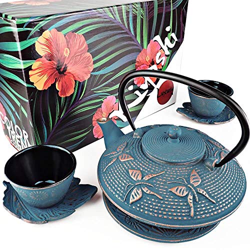 KIYOSHI Luxury 7PC Japanese Tea Set."Blue Butterfly" Cast Iron Tea Pot with 2 Tea Cups, 2 Saucers, Loose Leaf Tea Infuser and