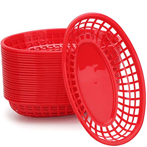 Eusoar Red Plastic Baskets for Food, Eusoar 9.4" x 5.9" Reusable Oval Fast Food Baskets 24pcs, Microwave& Dishwasher Safe Food Grade
