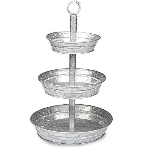 Ilyapa Galvanized Three Tiered Serving Stand - 3 Tier Metal Tray Platter for Cake, Dessert, Shrimp, Appetizers & More