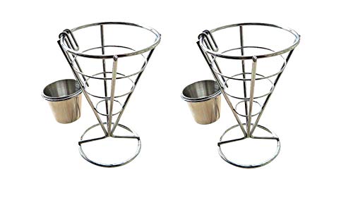 BESTONZON 2PCS French Fry Stand Cone Basket French Fry Chips Cone Metal Wire Basket with Sauce Dippers for Home