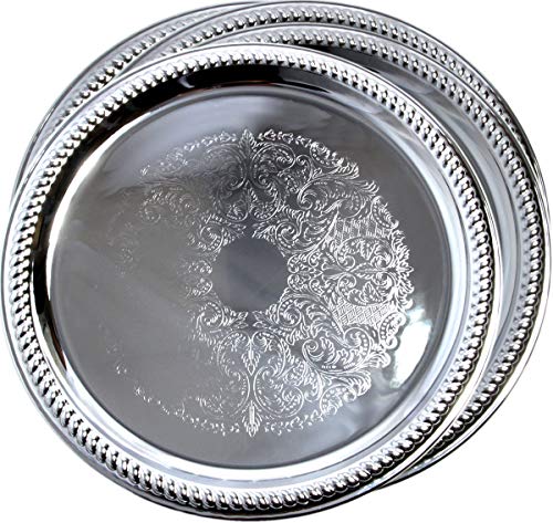 Maro Megastore (Pack of 4) 14-Inch Traditional Round Floral Pattern Engraved Catering Chrome Plated Serving Tray Mirror Plate