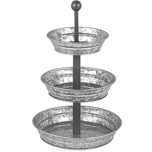 Hallops 3 Tier Serving Tray - Galvanized, Rustic Metal Stand. Dessert, Cupcake, Fruit & Party Three Tiered Platter. Country Farmhouse