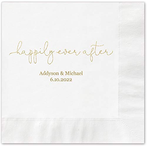 Canopy Street Happily Ever After Personalized Beverage Napkins - 100 White Paper Coined Napkins with a Choice of foil. 4 3/4"