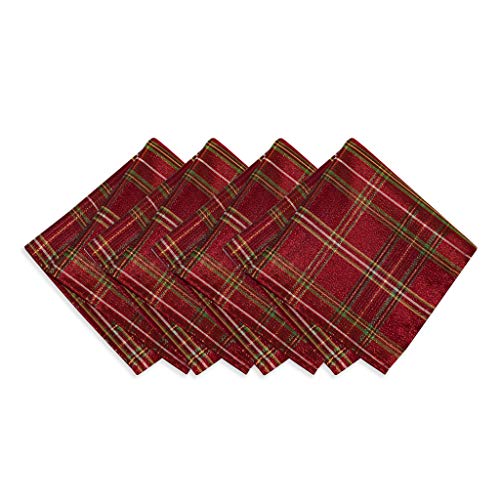 Elrene Home Fashions Shimmering Plaid Holiday Cloth Napkins Set of 4, 17" x 17", Red