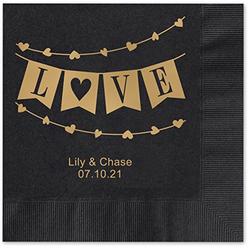 Canopy Street Banner Love Personalized Beverage Cocktail Napkins - 100 Custom Printed Navy Blue Paper Napkins with choice of foil