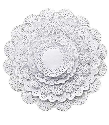 The Baker Celebrations White Round paper Lace Table Doilies 4 5 6 8 10 and  12 inches Assorted Sizes (Variety pack of 120 - 20 of each)