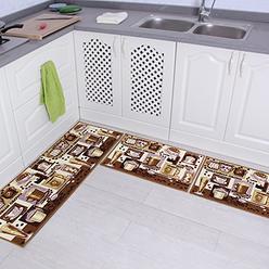 Carvapet 3 Piece Non-Slip Kitchen Mat Rubber Backing Doormat Runner Rug Set, Coffee Design (Brown 15"x47"+15"x23")