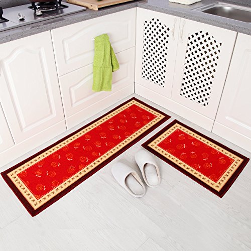 Carvapet 2 Piece Non-Slip Kitchen Mat Rubber Backing Doormat Runner Rug Set, Red Rose Design (Red 15"x47"+15"x23")
