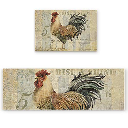 Zadaling Kitchen Rugs Sets 2 Piece Floor Mats Vintage Rooster Morning Cock Durable Doormat Non-Slip Rubber Backing Area Rugs