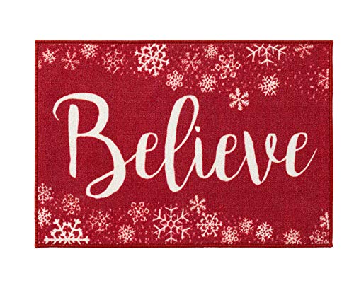 Natco Christmas Printed Nylon Accent Rug, Believe Snow Whirl Holiday Theme, 20 x 30 Inches, Skid Resistant Backing