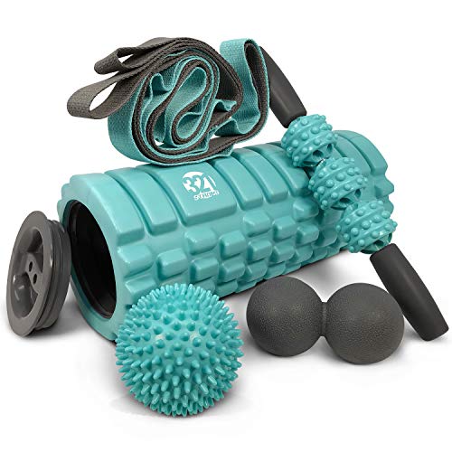 321 STRONG 5 in 1 Foam Roller Set Includes Hollow Core Massage Roller with End Caps, Muscle Roller Stick, Stretching Strap,