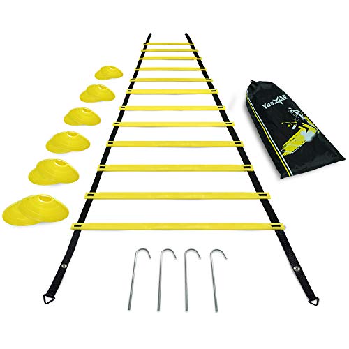 Yes4All Speed Agility Ladder with Carry Bag â€“ Multi Choice: 8, 12, 20 Rung (Yellow 12 Rung + 12 Cones + Steel Stakes)