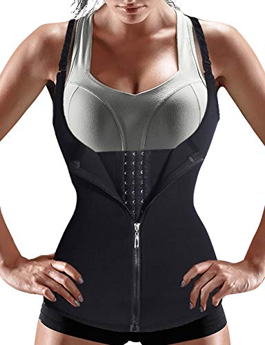 Nebility Women Waist Trainer Corset Zipper Vest Body Shaper Cincher Tank Top with Adjustable Straps (XL, Black)