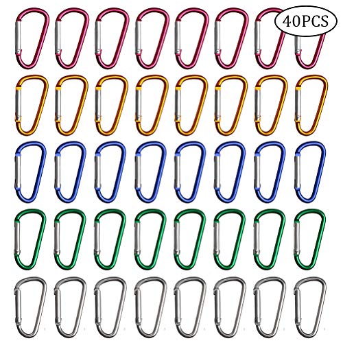 WODE Shop 40 Pieces Locking Carabiner, D-Shaped Carabiner Aluminum Keychain Clip Hook for Camping Hiking (5 Colors)