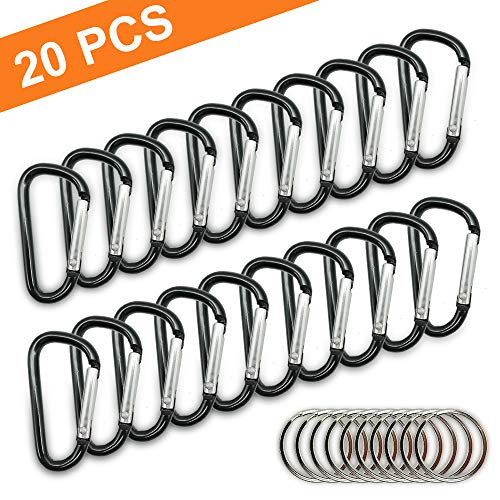 FJCTER 20PCS Mini 1.85"/4.7CM Aluminum Carabiners with 10PCS Nickel Metal Key Rings Lightweight D Shape Keychain Clips Small