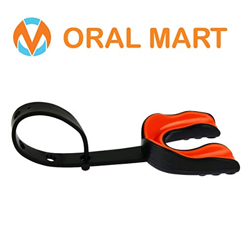 Oral Mart Black/Orange Sports Mouth Guard with Strap (Ice Hockey/Football/Lacrosse) - Strapped Mouthguard for Football,