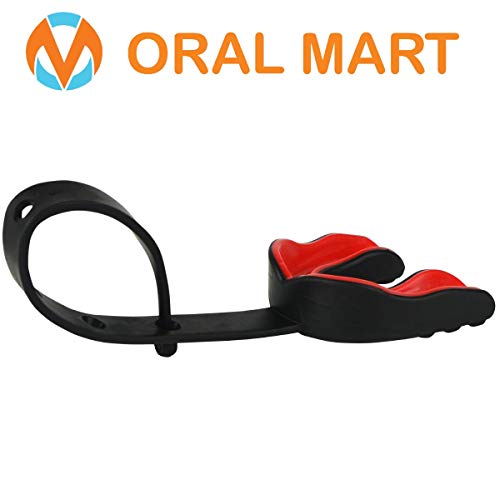Oral Mart Black/Red Sports Mouth Guard with Strap (Ice Hockey/Football/Lacrosse) - Cushion Strapped Mouthguard for Football,