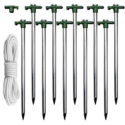 Eurmax Galvanized Non-Rust Camping Family Tent Pop Up Canopy Stakes 10pc-Pack, Bonus 4x10ft Ropes & 1 Green Stopper