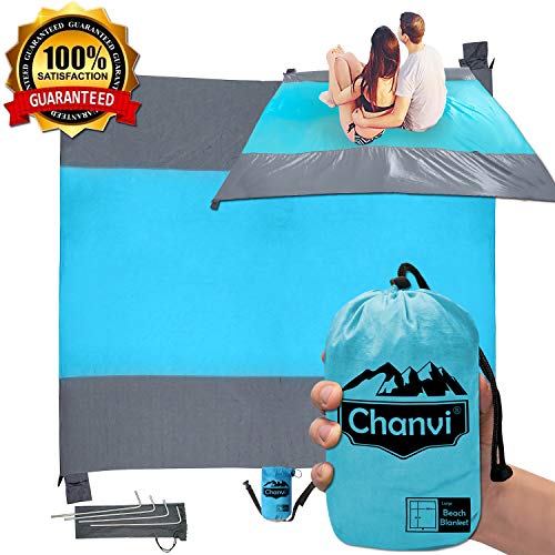 Chanvi Large Beach Blanket Handy Sand Mat- Extra Size 9' x 10' Holds 7 Adults with Strap - Perfect for Picnics, Beaches, RV,