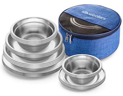 Wealers Stainless Steel Plates and Bowls Camping Set Small and Large Dinnerware for Kids, Adults, Family | Camping, Hiking,