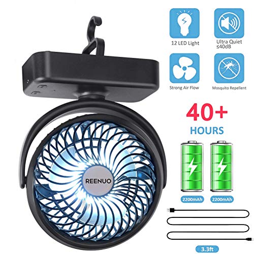REENUO 5000mAh Camping Fan with LED Lights, 40 Hours Max Working Time Tent Fan with Hanging Hook, Rechargeable Battery