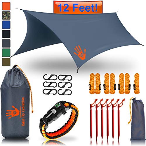 Rain Fly EVOLUTION 12 x 10 ft Camping Hammock RAIN Fly Waterproof Tent TARP & Survival Bracelet â€“ Lightweight â€“