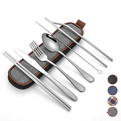HOMMALY Travel Utensils Silverware with Case, Camping Cutlery set,Chopsticks  and Straw for Camping, Portable Flatware Cutlery Set