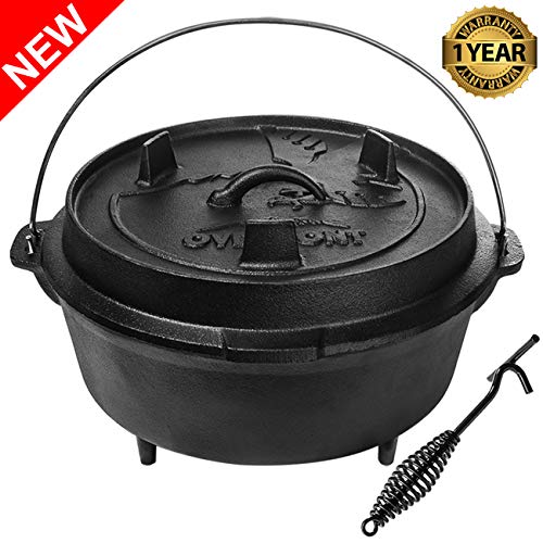Overmont Camp Dutch Oven 14x14x8.3in All-round Cast Iron Casserole Pot Dual Function Lid Skillet Pre Seasoned with Lid Lifter