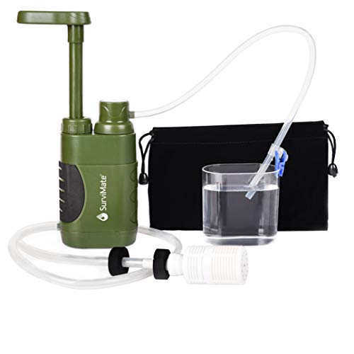 SurviMate Portable Water Filter Pump for Hiking Camping Travel Emergency use with Activated Carbon & 3 Filter Stages (Green)