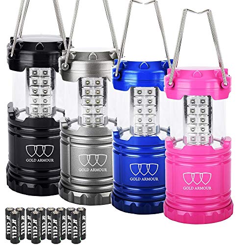 Gold Armour 4 Pack LED Camping Lantern Portable Flashlight with 12 aa Batteries - Survival Kit for Emergency, Hurricane,
