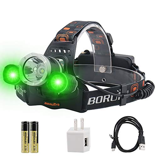 BORUiT RJ-3000 LED Green Headlamp - White & Green LED Hunting Headlight - USB Rechargeable & 3 Mode -Ultra Bright 5000 Lumens