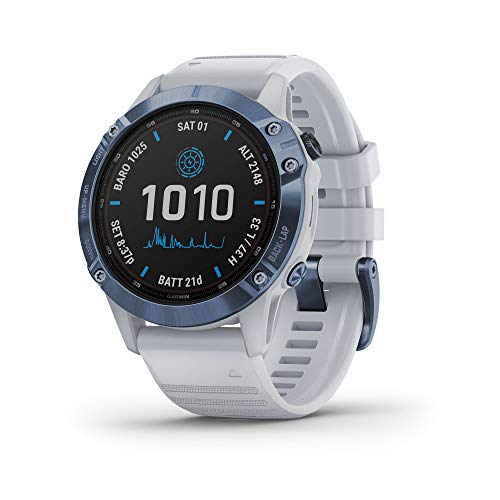 Garmin fÄ“nix 6 Pro Solar, Solar-powered Multisport GPS Watch, Advanced Training Features and Data, Mineral Blue with White