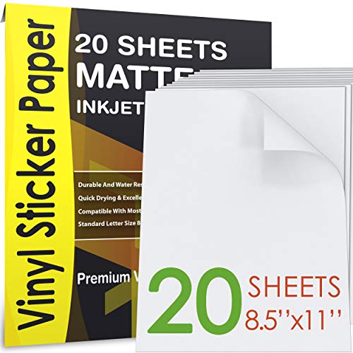 AGODEO Vinyl Sticker Paper Matte for Inkjet Printer 20 Sheets White, Premium Printable Decal Paper Tear & Scratch Resistant