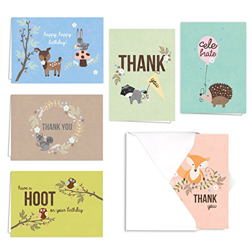 Canopy Street Woodland Animals Birthday and Thank You Note Card Assortment Pack - Set of 36 Cards - 6 of Each Design, Blank Inside - with