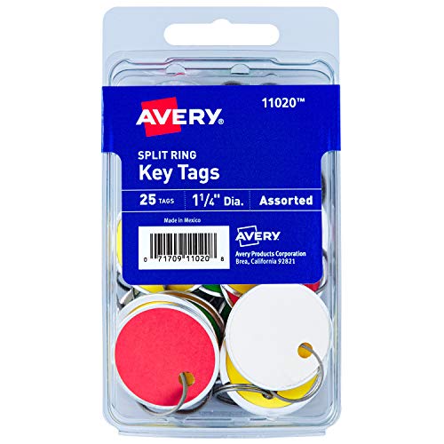 Avery Metal Rim Key Tags, 1.25" Diameter Tag, Metal Split Ring, Assorted Colors, 25 Tags (11020)