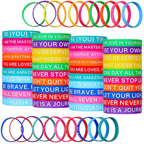 Sumin 60 Pieces Motivational Quote Rubber Wristbands Colored Inspirational Silicone Bracelets Stretch Unisex Wristbands for Women