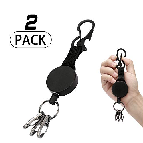 DELSWIN 7GDJZJ1 Retractable Key-Chain Badge Reel - Heavy Duty Key Holder  Ring with Carabiner,Steel Cable,3 Quick Release Clips,Keychain for
