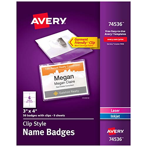 Avery Clip Name Tags, Print or Write, 3" x 4", 50 Inserts & Badge Holders with Clips (74536)