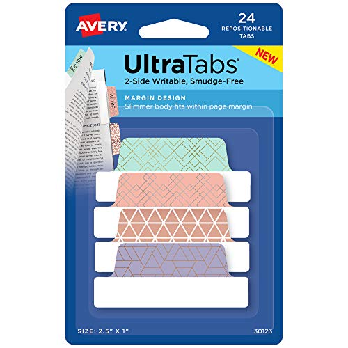 Avery Margin Ultra Tabs, 2.5" x 1", Assorted Metallic Geometric Designs, 24 Repositionable Page Tabs (30123)