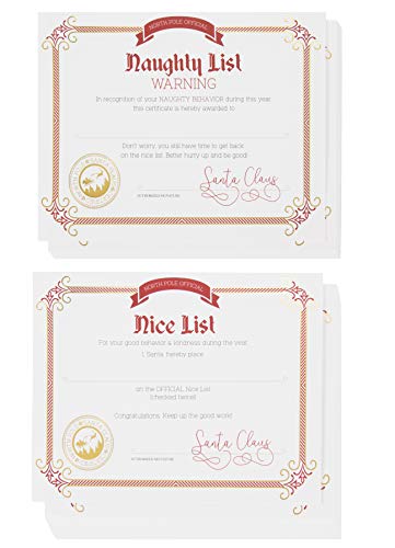 sustainable greetings Nice and Naughty List Certificates - 48-Pack Christmas Certificate Paper from Santa Claus for Kids, Xmas Party Favors, Gold
