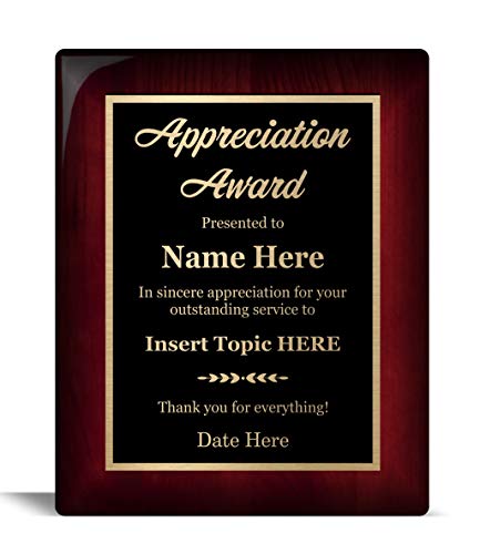 Awards4U Customized Appreciation Plaque 8x10, Personalized Award for Business or Personal, Executive Series Mahogany Piano Wood Board,