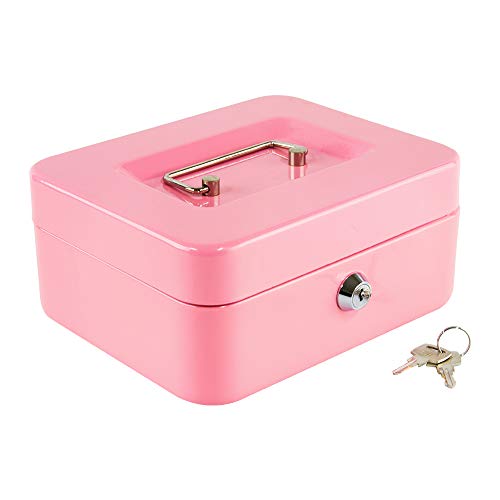 Kyodoled Medium Cash Box with Money Tray,Small Safe Lock Box with Key,Cash Drawer,7.87"x 6.30"x 3.54" Pink Medium