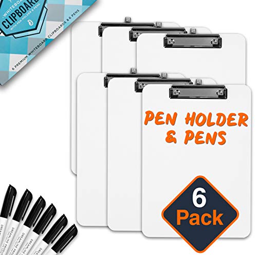 Dreamline Products Dry Erase Clipboard + Pen Holder + Markers (6pc) Set of  6 Clip Boards Multi Pack with Whiteboard Pens! 12.5 x 9 Inch, Holds