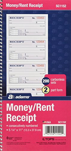 Adams Money and Rent Receipt Book, 2-Part Carbonless, 5-1/4" x 11", Spiral Bound, 200 Sets per Book, 4 Receipts per Page