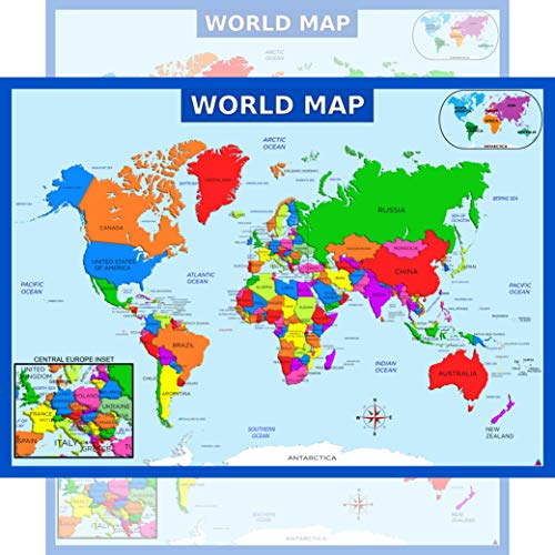3D Learning LLF World Map Poster with Central Europe Inset - Laminated Educational Poster (14x19.5 in) - World Map for Kids, Elementary